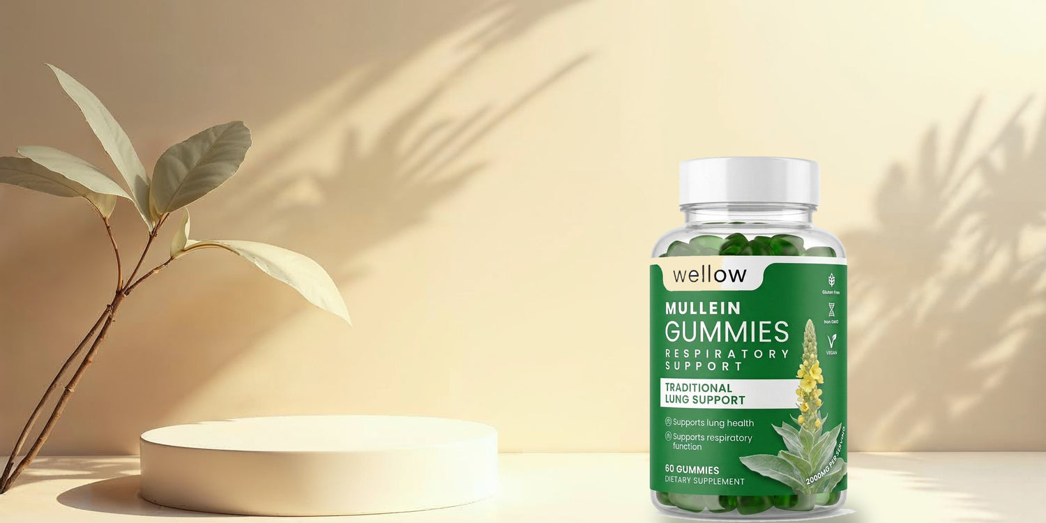 Wellow mullein gummies bottle on a cream studio set