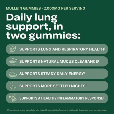 Daily lung support, in two gummies: five support statements on a forest green panel