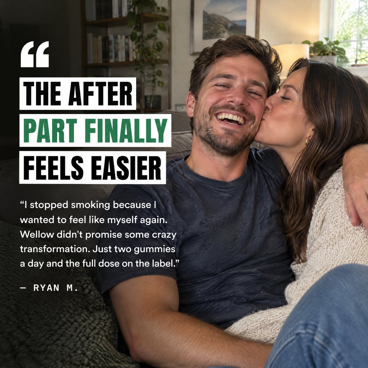 A man kisses a smiling woman on the cheek from behind.